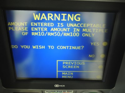 ATM withdrawal error message